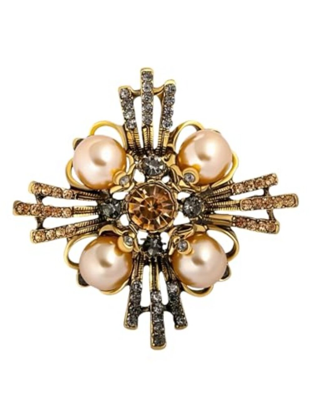 Antique Gold Floral Cross Brooch Vintage Crystal Pearl Statement Pin Rhinestone